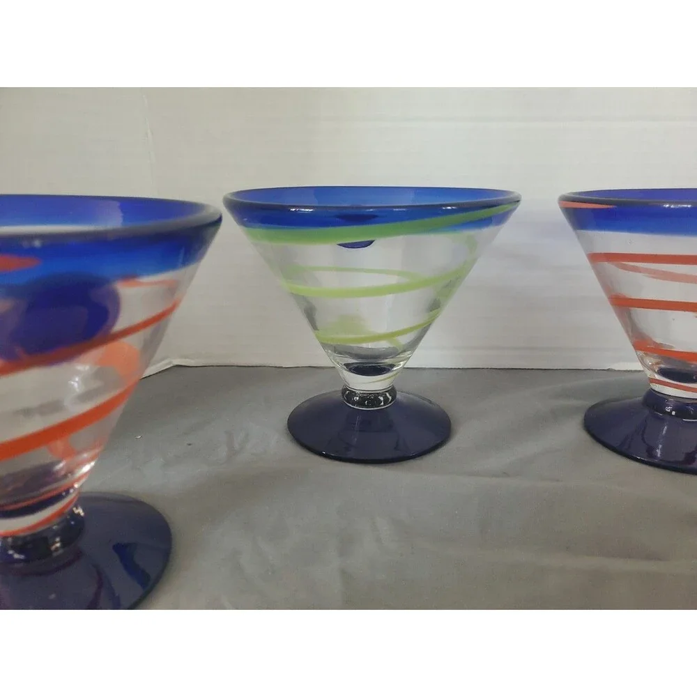 7 Vtg Royal Caribbean Cobalt Blue Swirl Blown Glass Dessert-Margarita Cruise